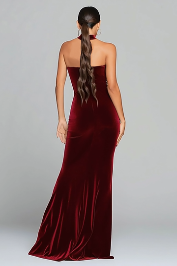 Burgundy Velvet Halter Sheath Long Formal Dress with Slit